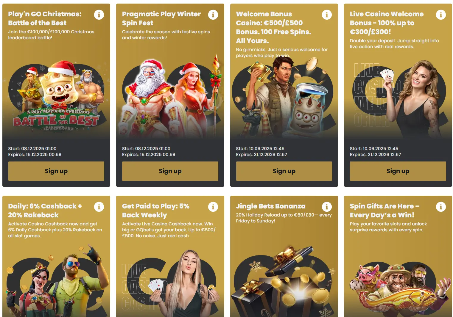 Bekijk de nieuwste seizoenspromoties en beloningen die beschikbaar zijn bij GQBet casino.