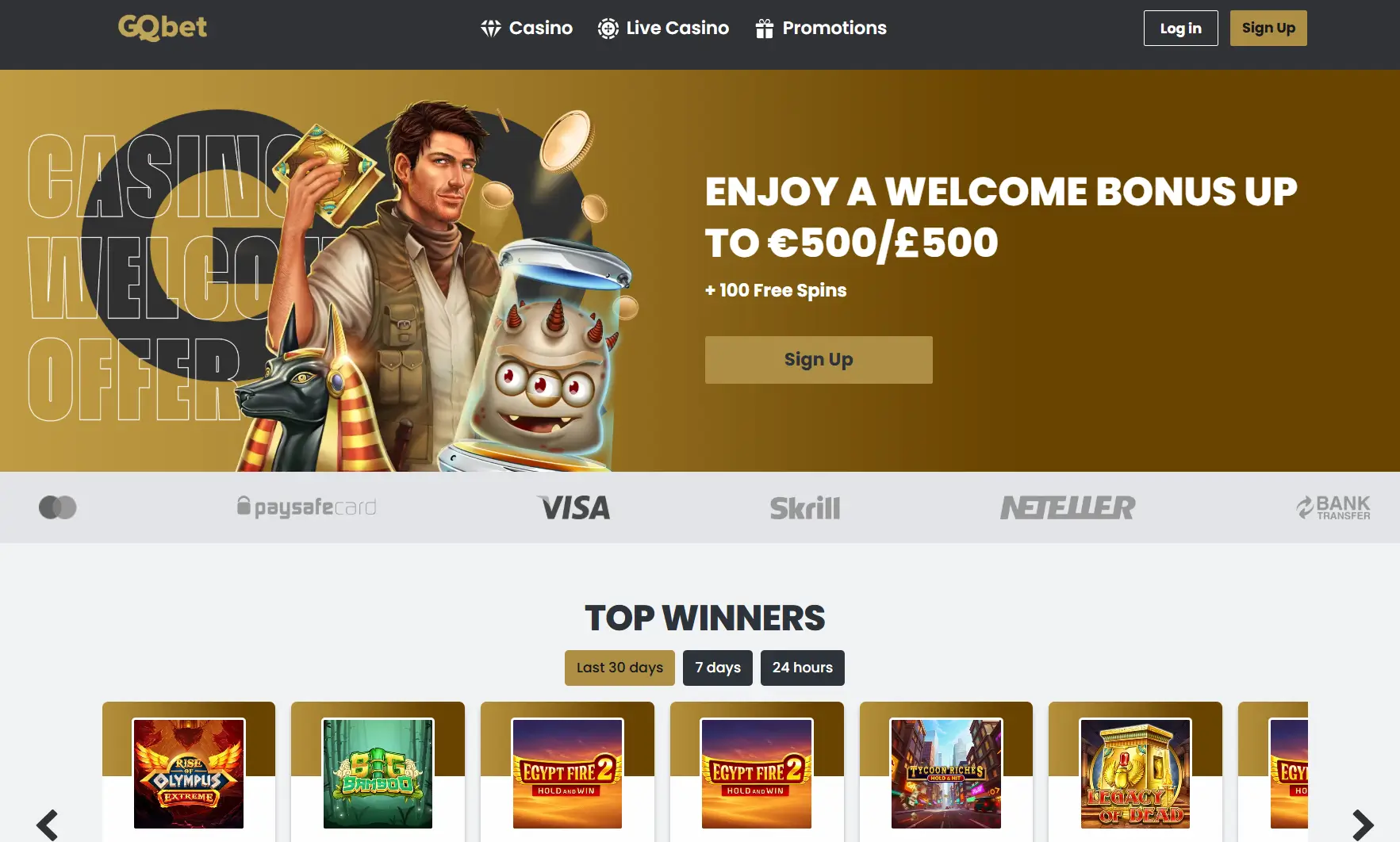 De welkomstbonus van GQBet biedt € 500 en 100 gratis spins voor nieuwe spelers.